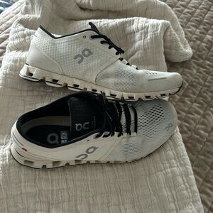 Off white OC on cloud tennis shoes.